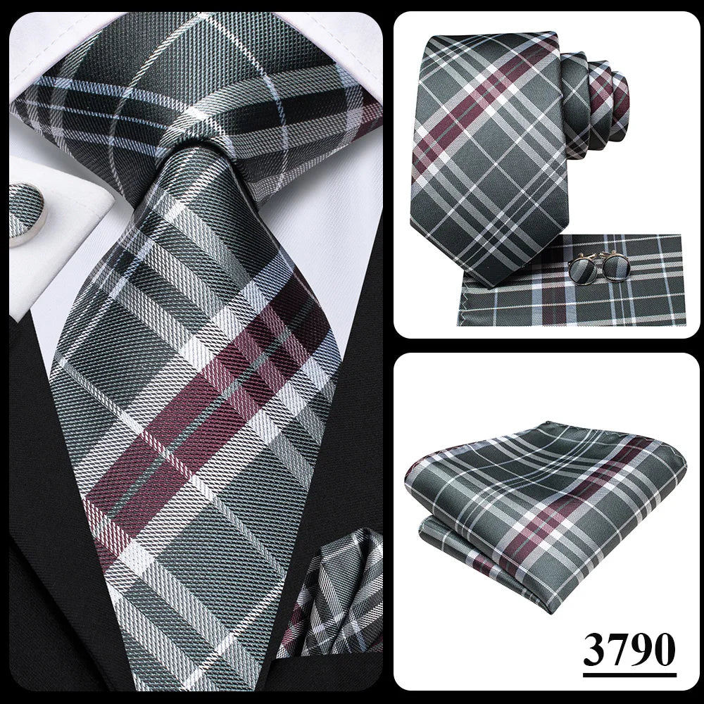 Hi-Tie Plaid Silk Tie For Men Elegant Mens Blue Grey Necktie Pocket Square Cufflink Groom Wedding Accessory Wholesale Designer