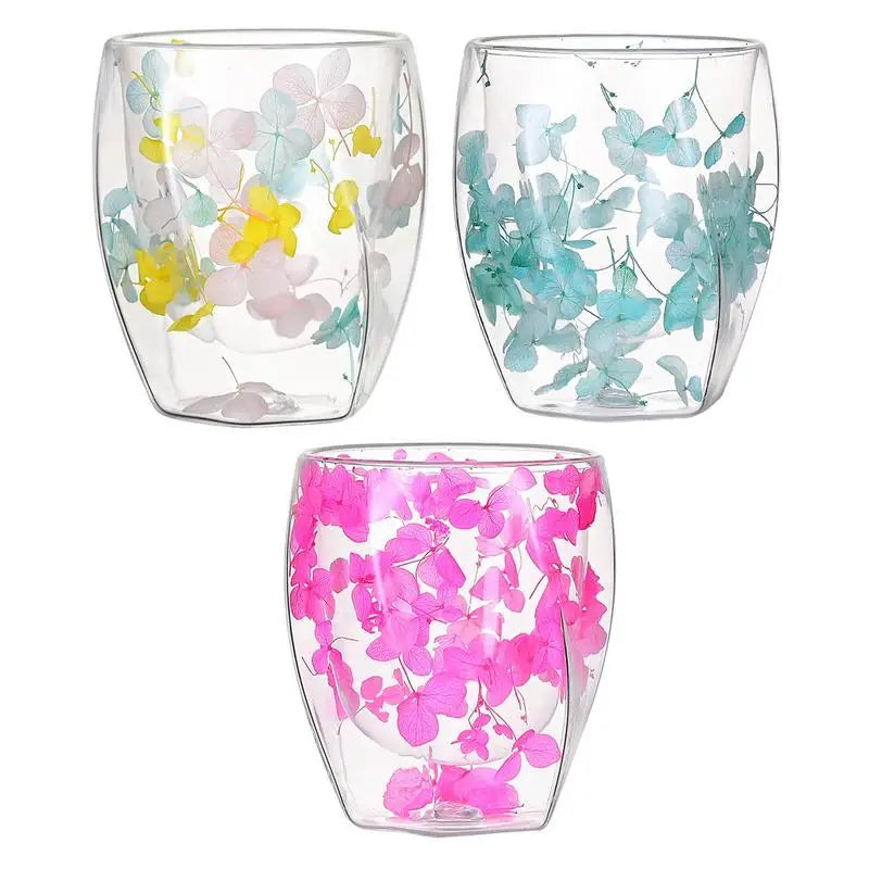 Dried Flower Double Wall Clear Glass Coffee Mugs Dried Flower Decorated Coffee Cup Milk Mug Heat Insulation Coffee Cup 350ml