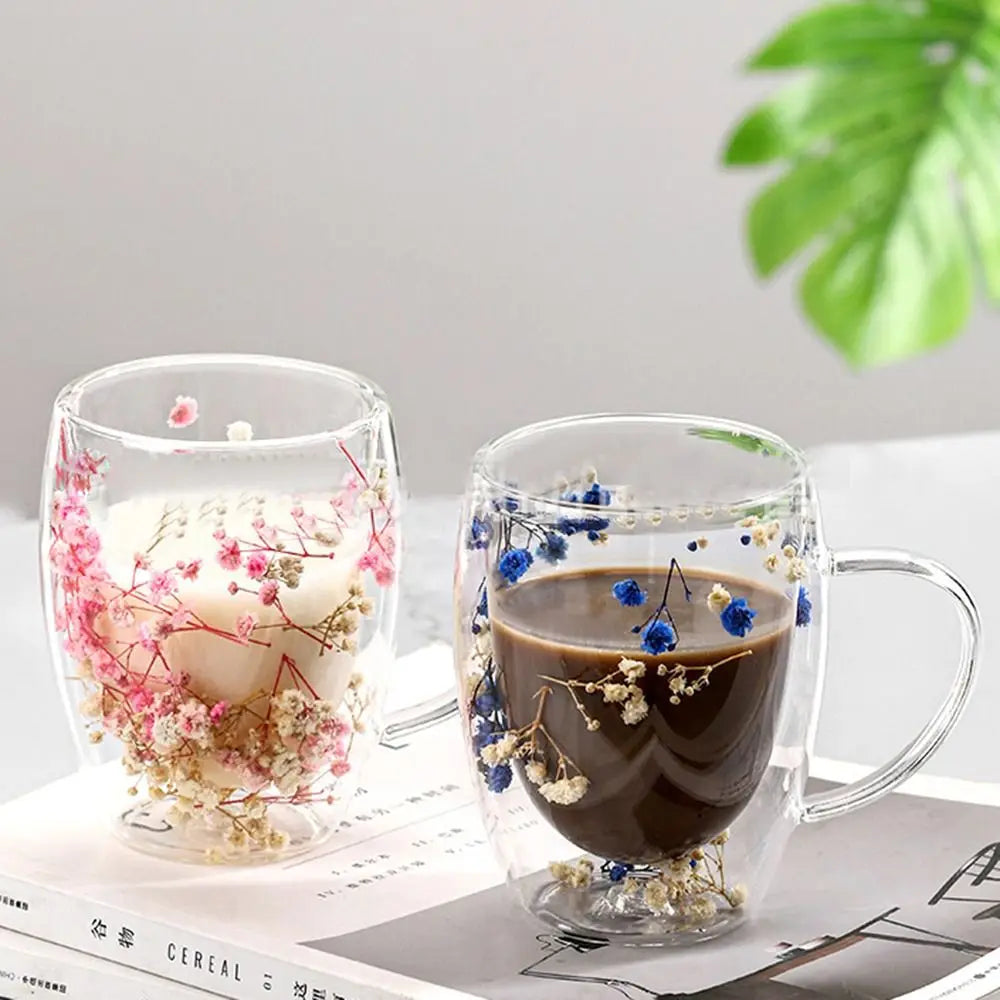 350ml Dried Flower Double Walled Glass Mug Cup Coffee Mug with Dry Flowers Decorative Creative Flower Mug Double Wall Flower Cup