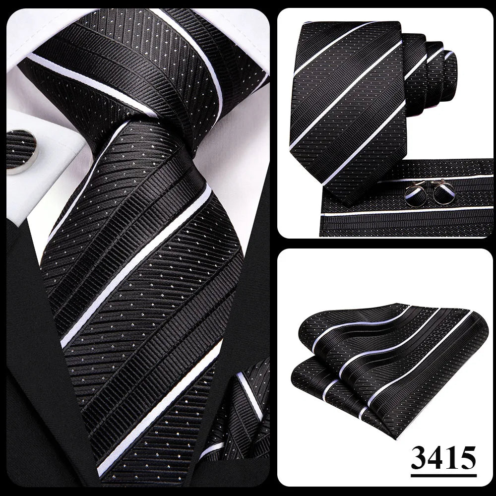 Hi-tie Design Black Solid Dot Silk Wedding Tie For Men Hanky Cufflink Gift Men Necktie Gravata Set Fashion Business Dropshipping