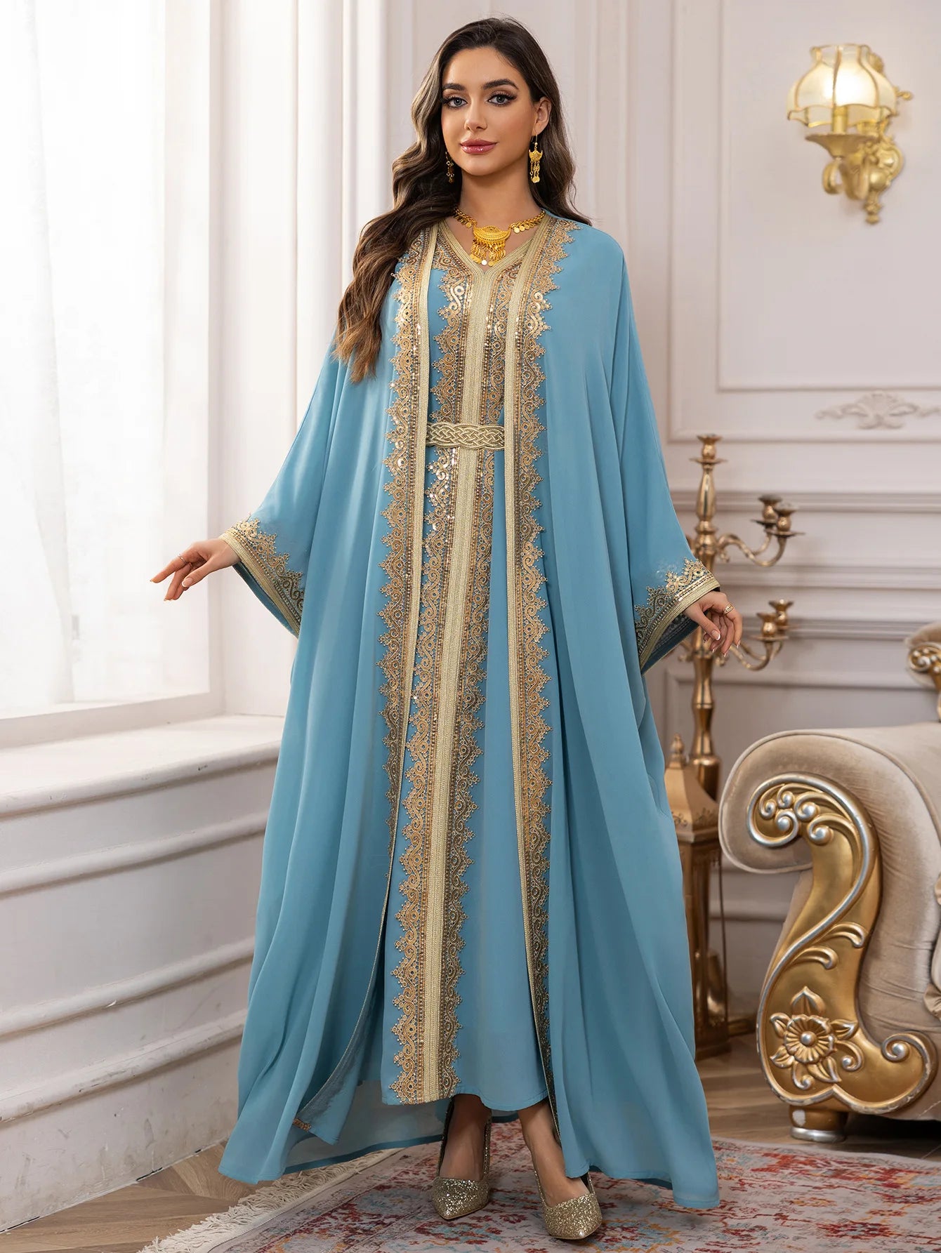 Eid Women Abaya Dress Muslim 2 Piece Set Cardigan with Inner Dress Lace-up Robe Caftan Robe Jalabiya Ramadan Morocco Kaftan 2025