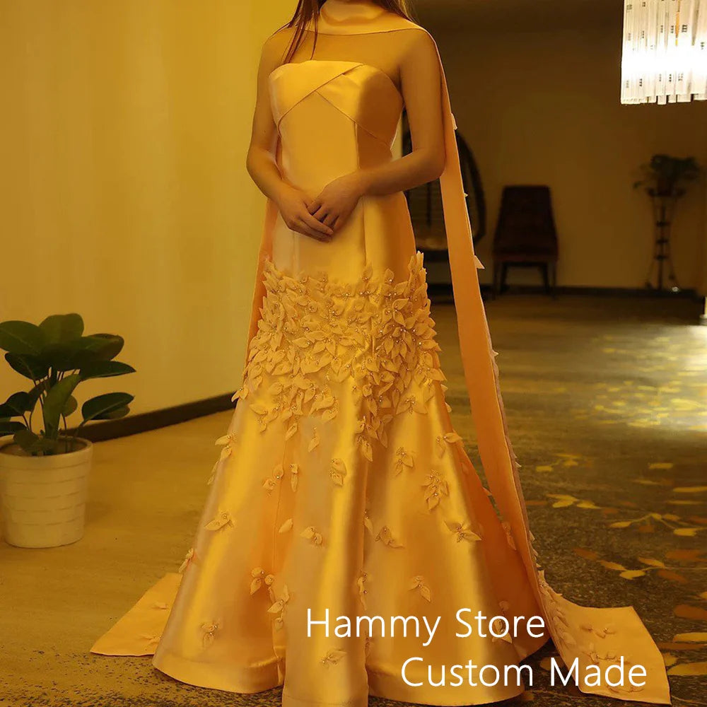 Luxury Evening Dress Handmade Floral Petals Beading Strapless Sleeveless Satin Mermaid Prom Dresses Saudi Arab Party Gown