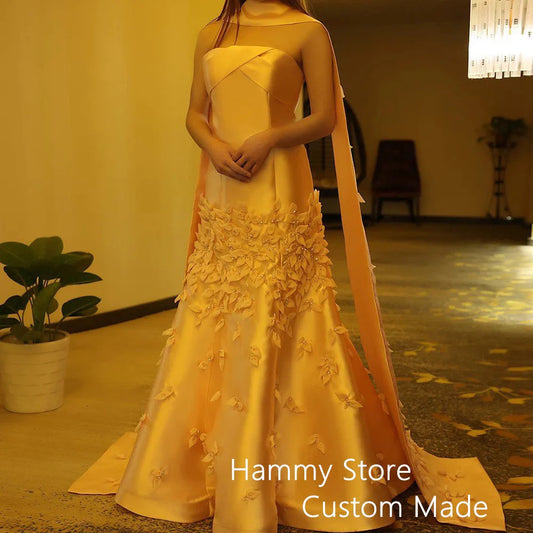 Luxury Evening Dress Handmade Floral Petals Beading Strapless Sleeveless Satin Mermaid Prom Dresses Saudi Arab Party Gown