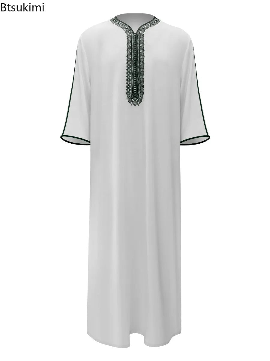 Ethnic Style Kandouras Thobe for Men Jabador Gandoura Side Pockets Embroidery Abaya Long Sleeve Muslim Kaftan Vintage White Robe
