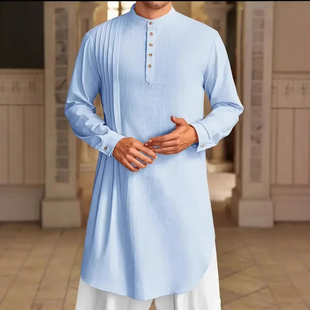 2025 New Muslim Middle East Arab Malaysia Men's Button Cotton Line Shirt Muslim Robe