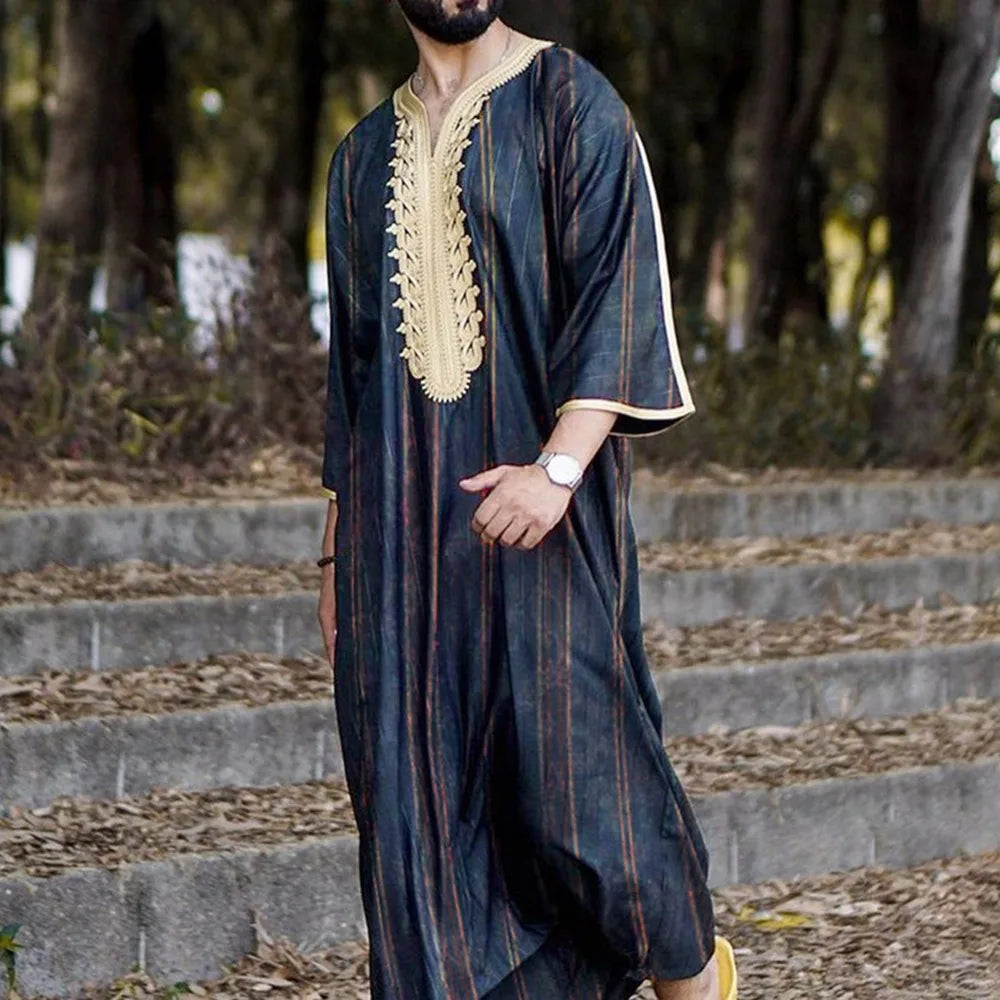 Men's Long Embroidered Casual Islamic Shirt Loose Muslim Prayer Suit Suitable for Young People's Daily Cultural Clothing Robe