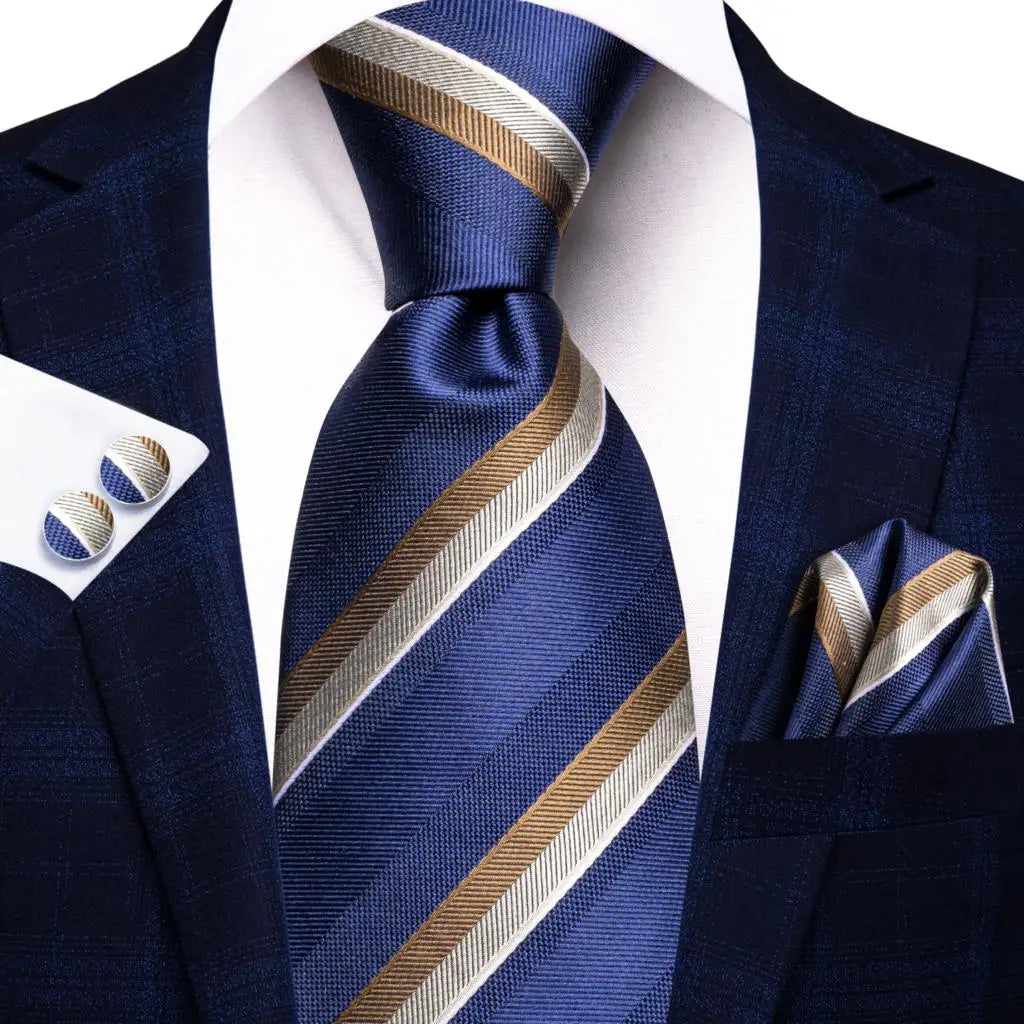 Hi-Tie Men Fashion Striped Navy Blue Necktie Handkerchief Cufflinks for Tuxedo Accessory Classic Silk Luxury Tie for Man Gift