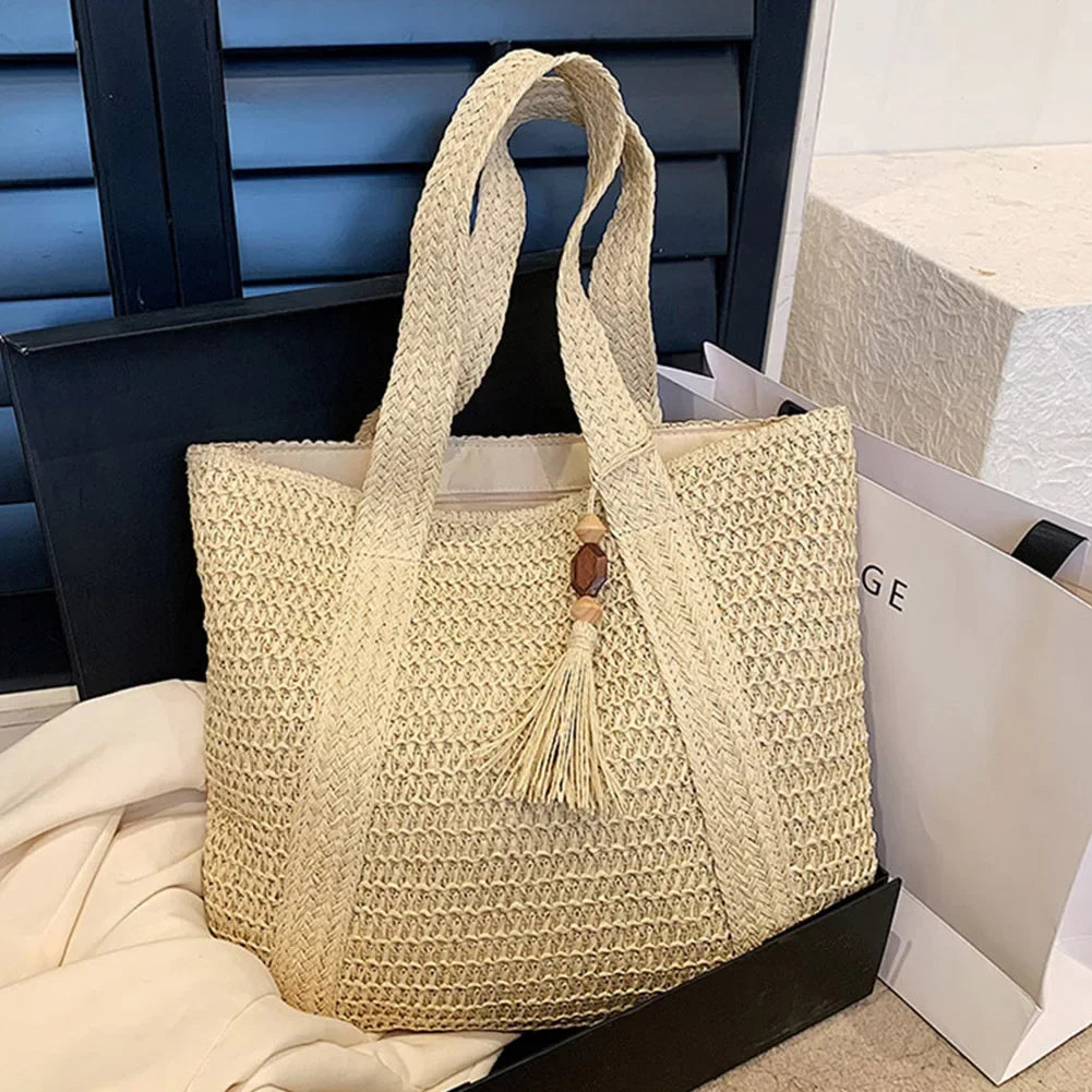 Straw Bag for Women Handmade Woven Shoulder Bag Large Capacity Tote Bags with Pendant Armpit Bag Top-handle Handbag Purse