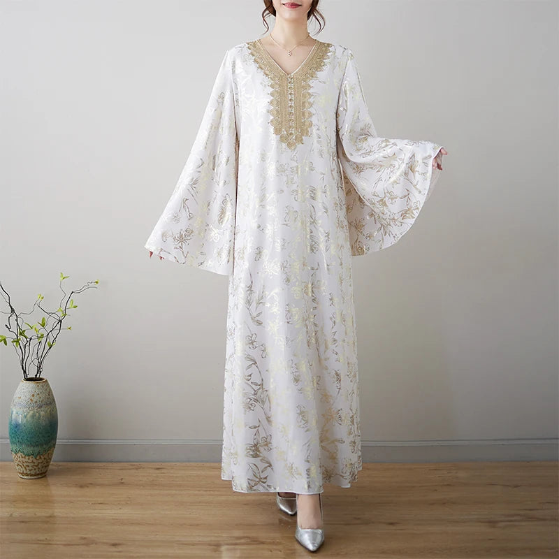 Middle East Ethnic Long Robe V-Ne Gold Emed New Sle Dr Tang Suit Waist Belt Mid-Length Skirt High Quali Ele ...