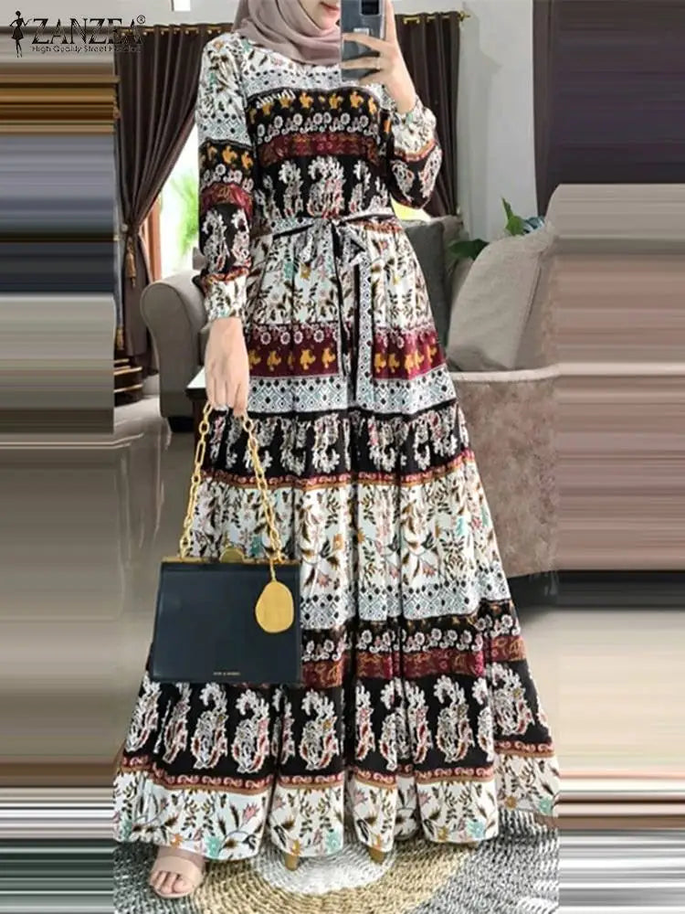 ZANZEA Bohemian Muslim Abaya Women Elegant Robe Stylish Floral Printed Maxi Dresses Casual Loose Ramadan Vestidos Kaftan 2024