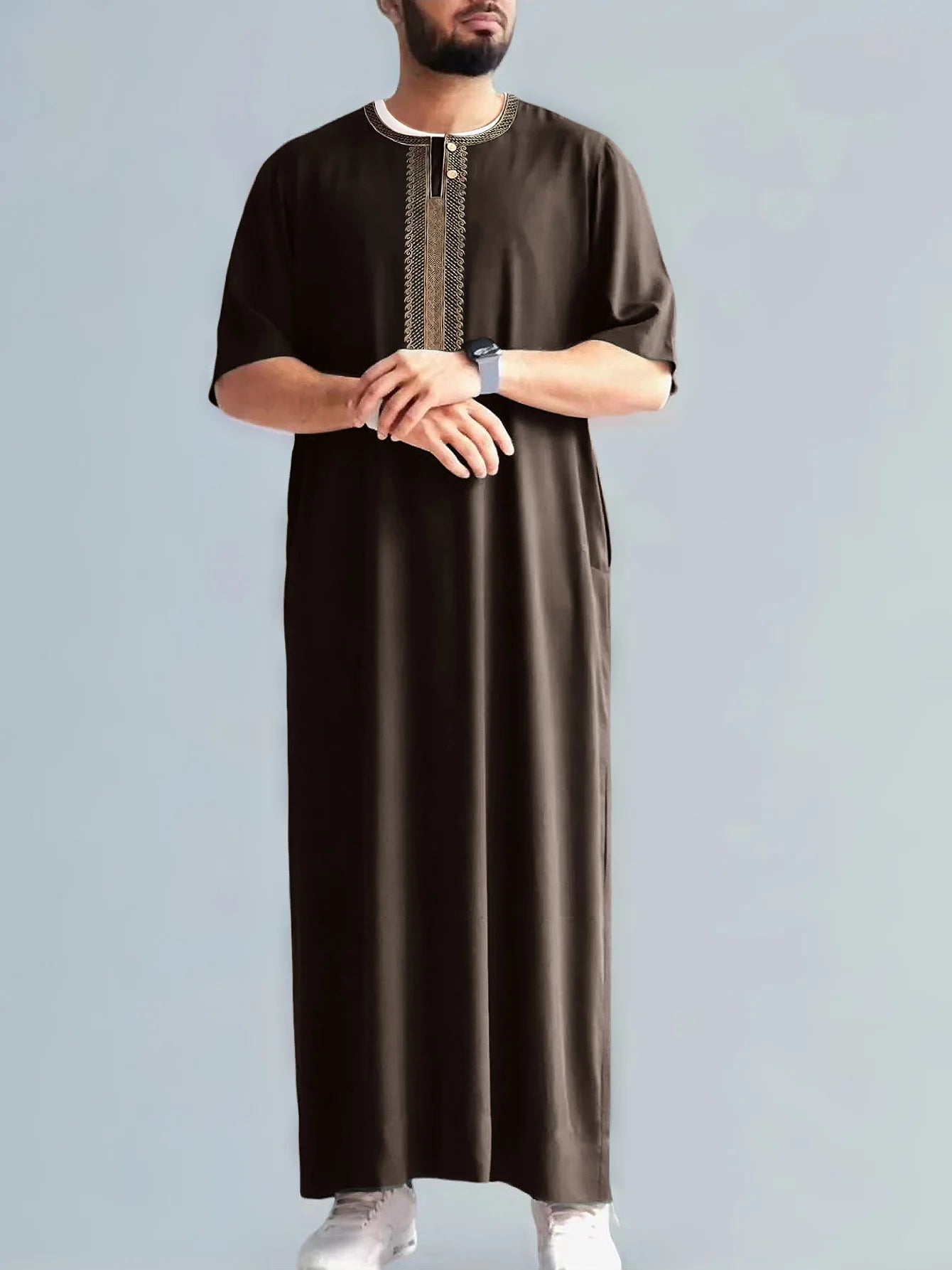 2026 New Men's Muslim Thobe Mid Long Sleeve Arab Ethnic Retro Vintage Loose Fit Islamic Robe Abaya Dubai Saudi Ramadan Eid