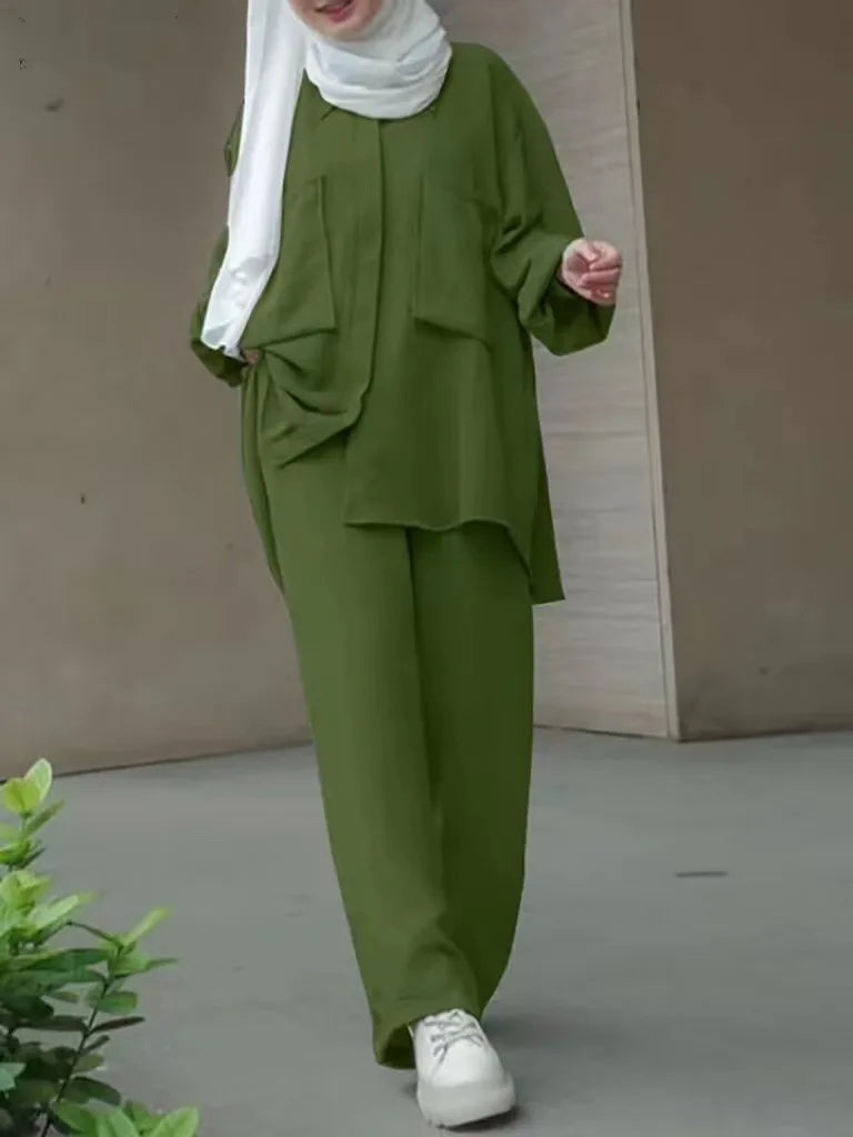 Women Casual Muslim Suit Solid Abaya Eid Ramadan Long Sleeve Blouse+Pants 2 Piece Set Dubai Turkey Kaftan Women Islamic Clothing