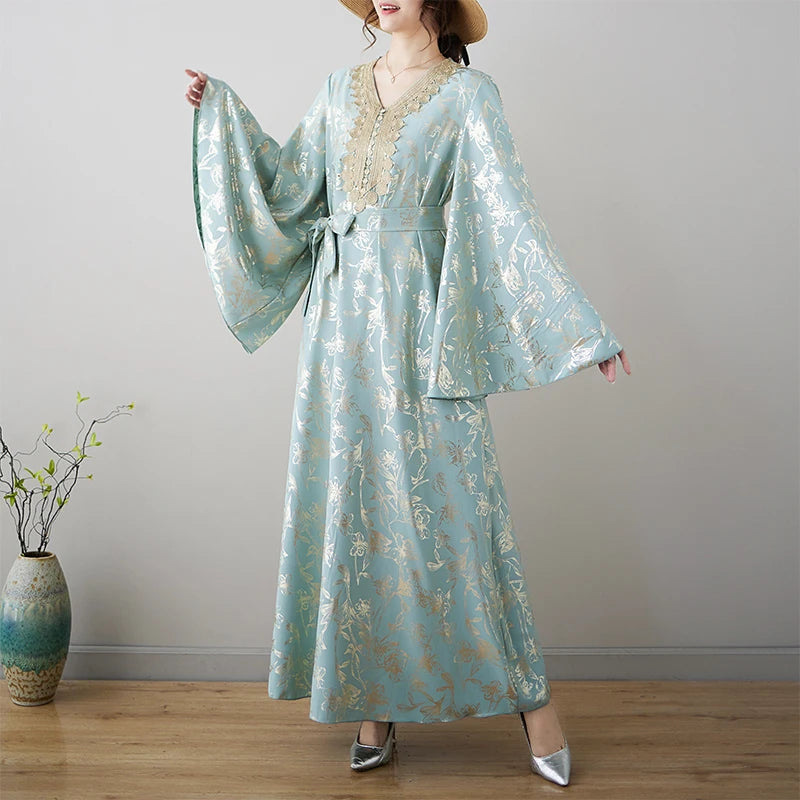 Middle East Ethnic Long Robe V-Ne Gold Emed New Sle Dr Tang Suit Waist Belt Mid-Length Skirt High Quali Ele ...