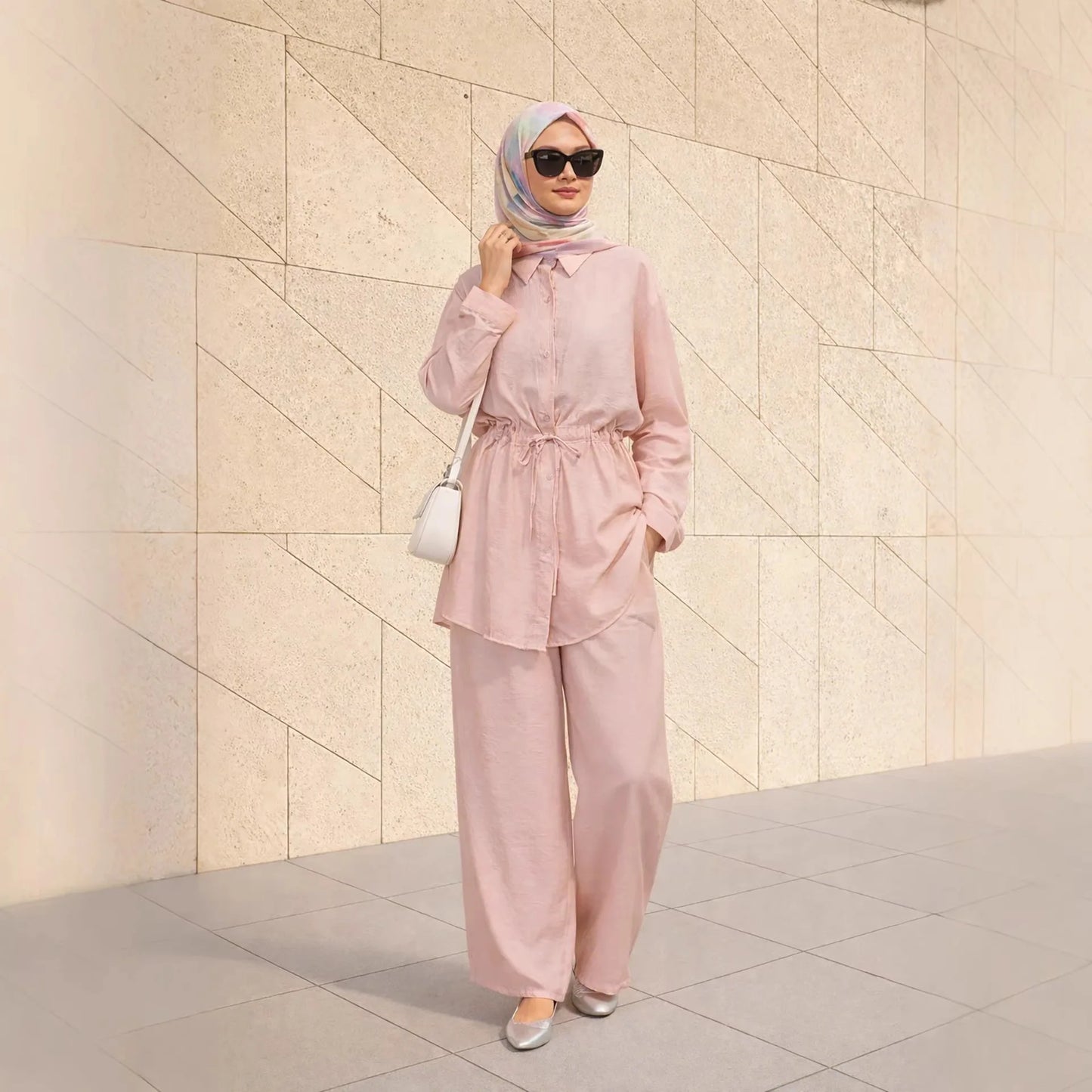 Turn Down Collar Rope Laced 2 Piece Set Women Clothing Wide Leg Pants Ramadan Prayer Dubai Islamic Clothes Turkish Abaya