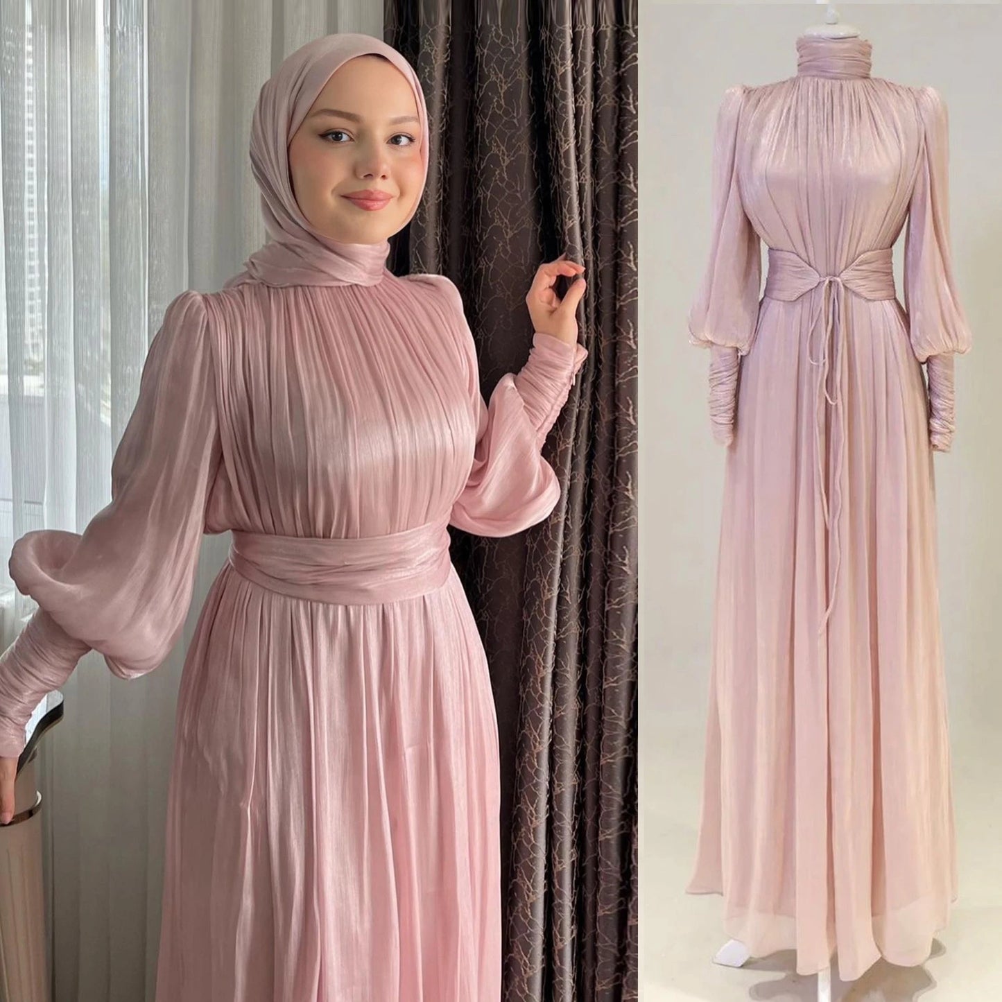 Eid Abaya Modest Muslim Dresses for Women Cuff Sleeves Wrinkle Evening Party Maxi Dress Jalabiya Islamic Clothing Kaftan Robe