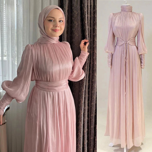 Eid Abaya Modest Muslim Dresses for Women Cuff Sleeves Wrinkle Evening Party Maxi Dress Jalabiya Islamic Clothing Kaftan Robe