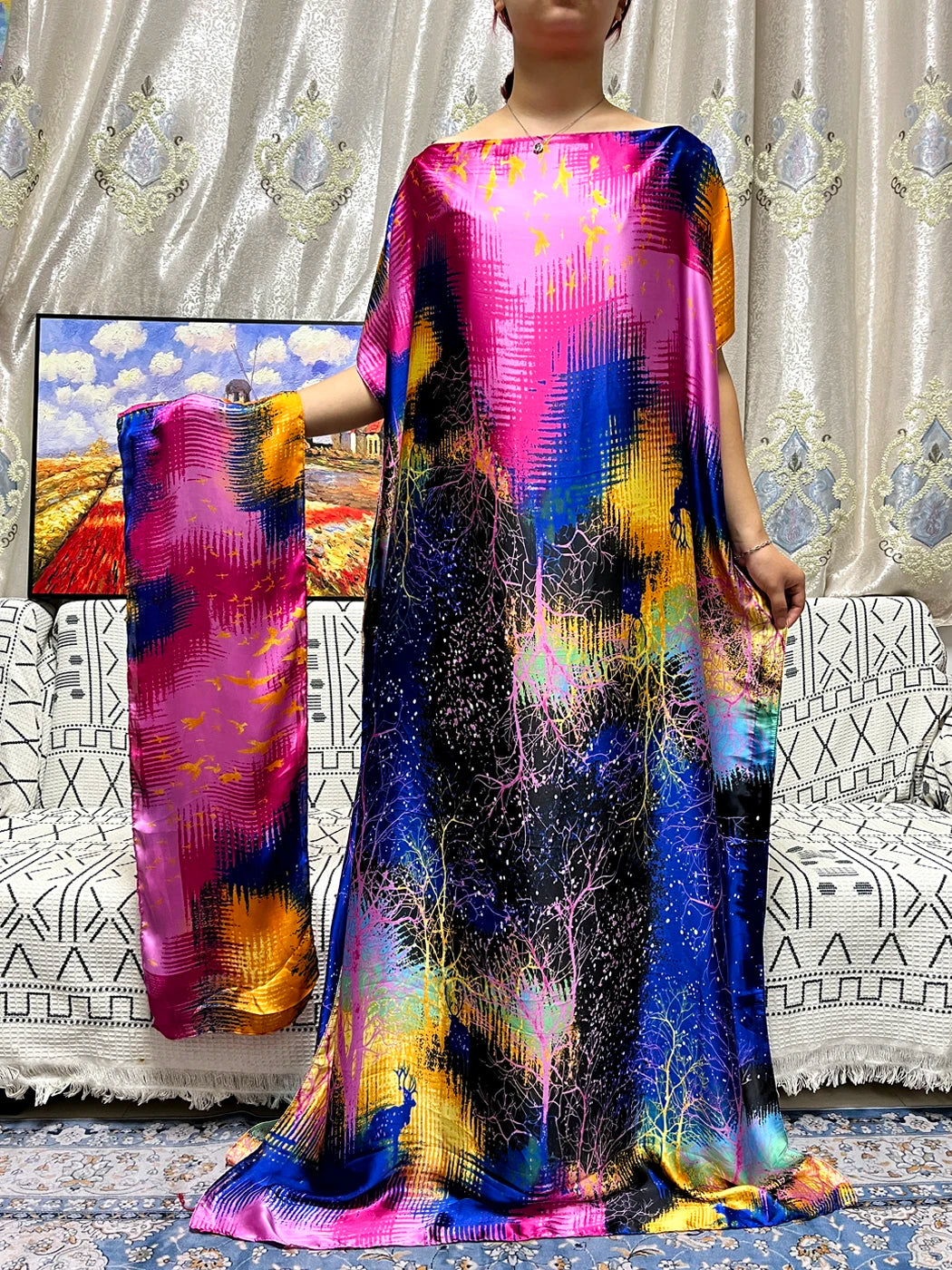 Abayas For Women 2023 Printed Silk Soft Loose Femme Robe Muslim Summer Fashion Clothing African Islam Woman Dresses With Turban