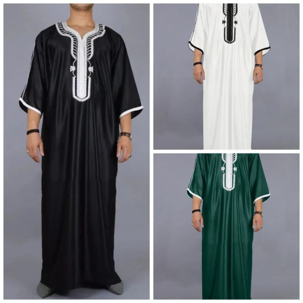 Men's Loose Abaya Short Sleeve Embroidered Moroccan Arabic Style Islamic Traditional Muslim Clothing for Men