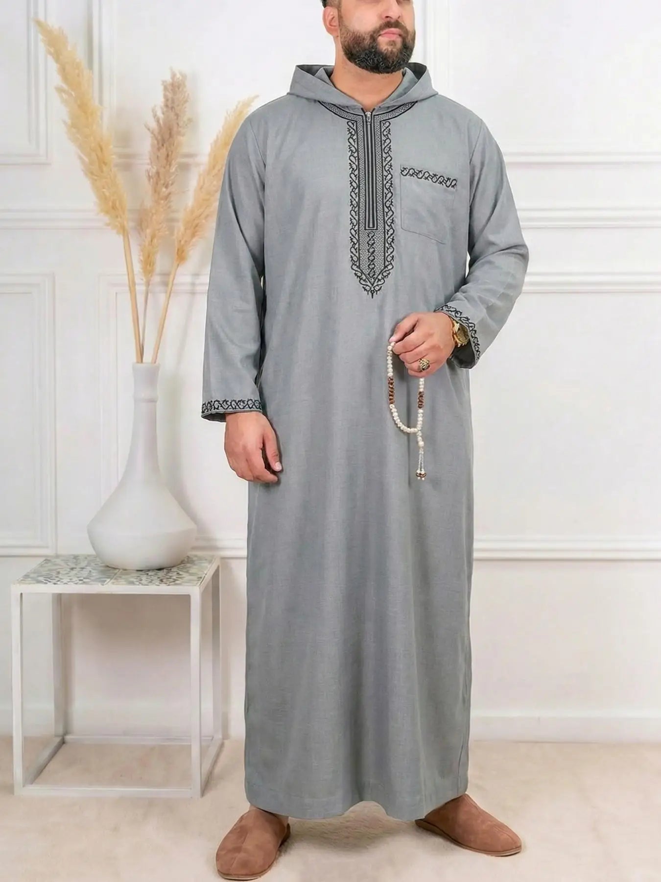 Muslim Men's Black Hooded Zippered Embroidered Robe for Festival Prayer And Worship Clothing