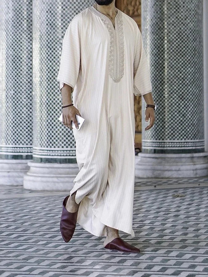 2025 Abaya Men Ramadan Cream Zina Islam Robe Kameez Galabia Spring New Ethnic Style Loose Casual Embroidered White Muslim Robe