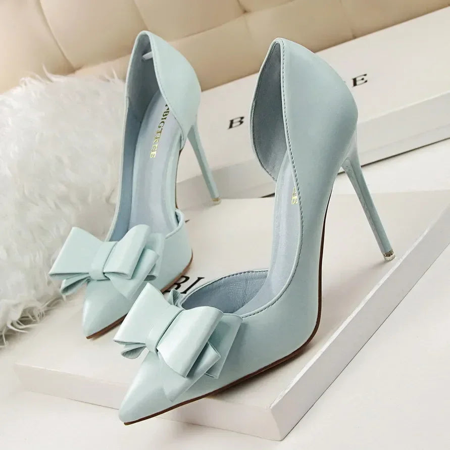2025 Fashion Delicate Sweet Bowknot High Heel Shoes Side Hollow Pointed Women Pumps Pointed Toe 10.5CM thin Dress Shoes
