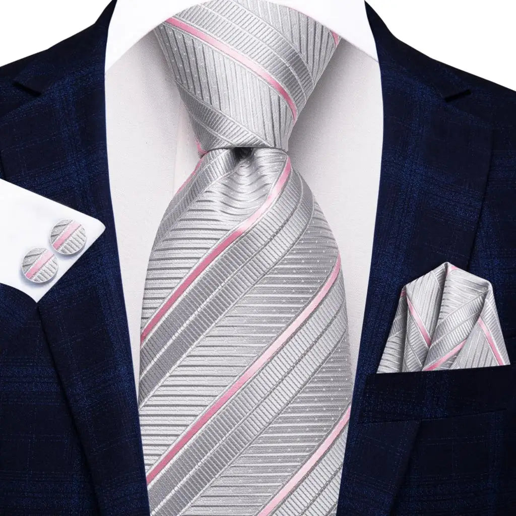 Hi-Tie Men Fashion Striped Navy Blue Necktie Handkerchief Cufflinks for Tuxedo Accessory Classic Silk Luxury Tie for Man Gift
