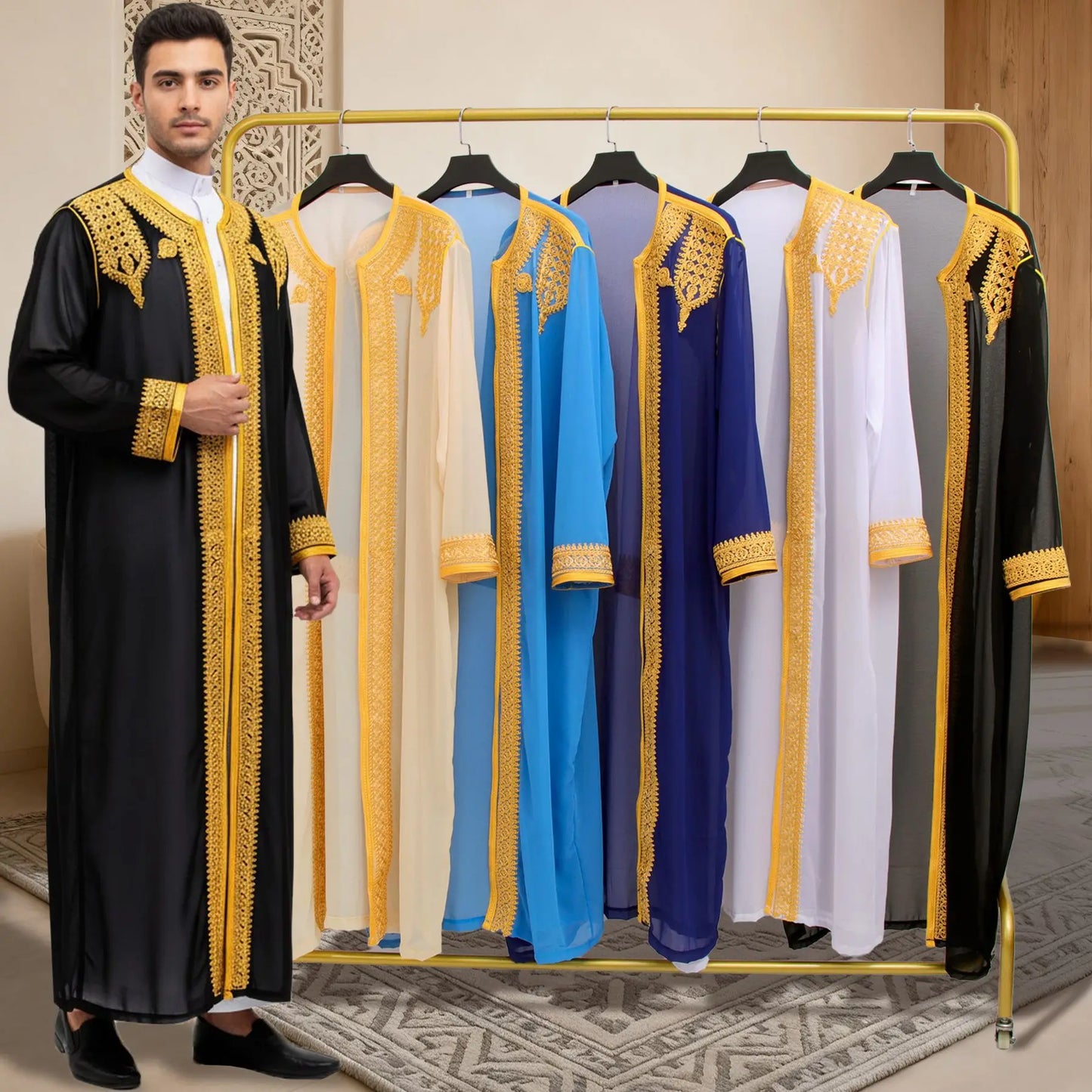 Middle Eastern Traditional Arabic Men's Robe Embroidered Thobe Thoub Dishdasha Jubba Eid Djellaba Open Kimono Abaya Saudi Robes