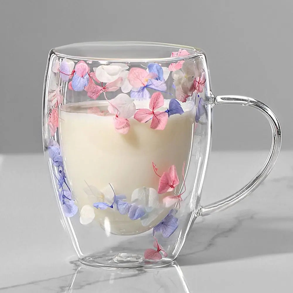 Dried Flowers Double Walled Coffee Mug 350ml Dried Flowers Glass Mugs Unique Creative Flower Mug with Handle Anti-Scalding Mug