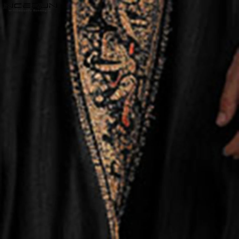 INCERUN Men Jubba Thobe Printing Patchwork V Neck Long Sleeve Male Robes Muslim Kaftan Loose 2025 Arab Casual Men Caftan Abaya