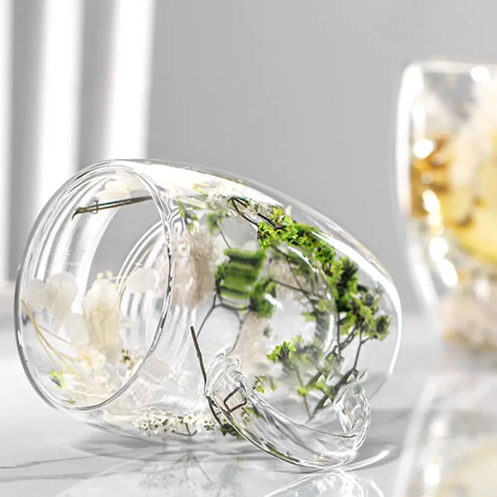 Dried Flowers Double Walled Coffee Mug 350ml Dried Flowers Glass Mugs Unique Creative Flower Mug with Handle Anti-Scalding Mug