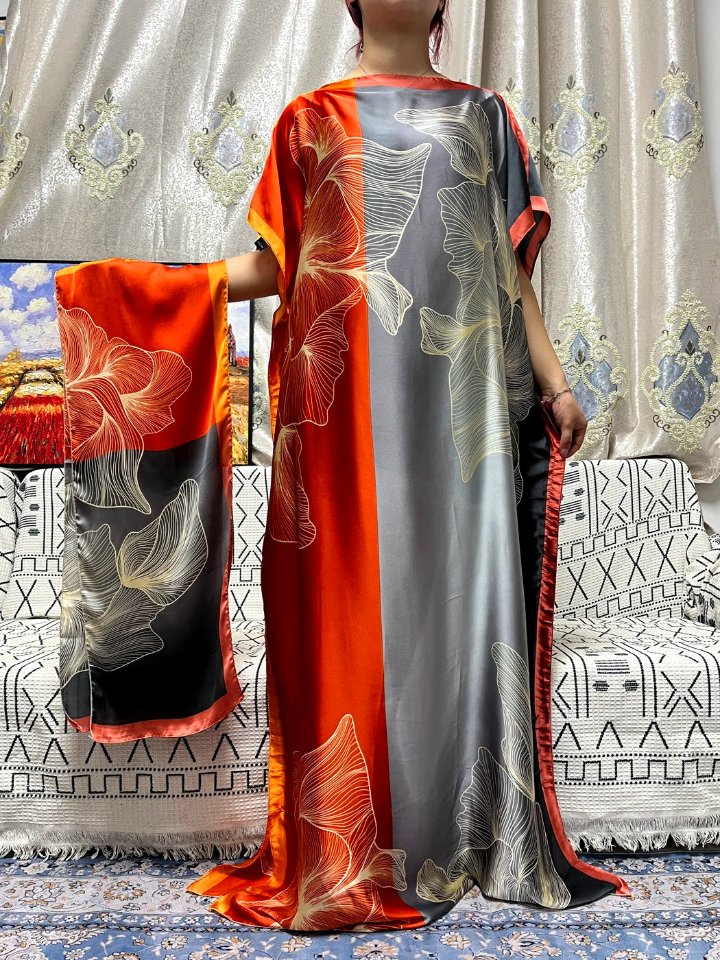 Abayas For Women 2023 Printed Silk Soft Loose Femme Robe Muslim Summer Fashion Clothing African Islam Woman Dresses With Turban