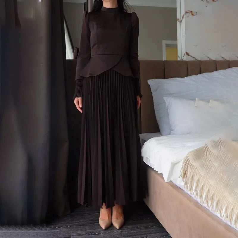 Long Skirt Suit Women Muslim 2 Piece Sets Top Pleated Skirts Modest Outfits Dubai Ramadan Irregular Tops Lace Up Ensemble 2025