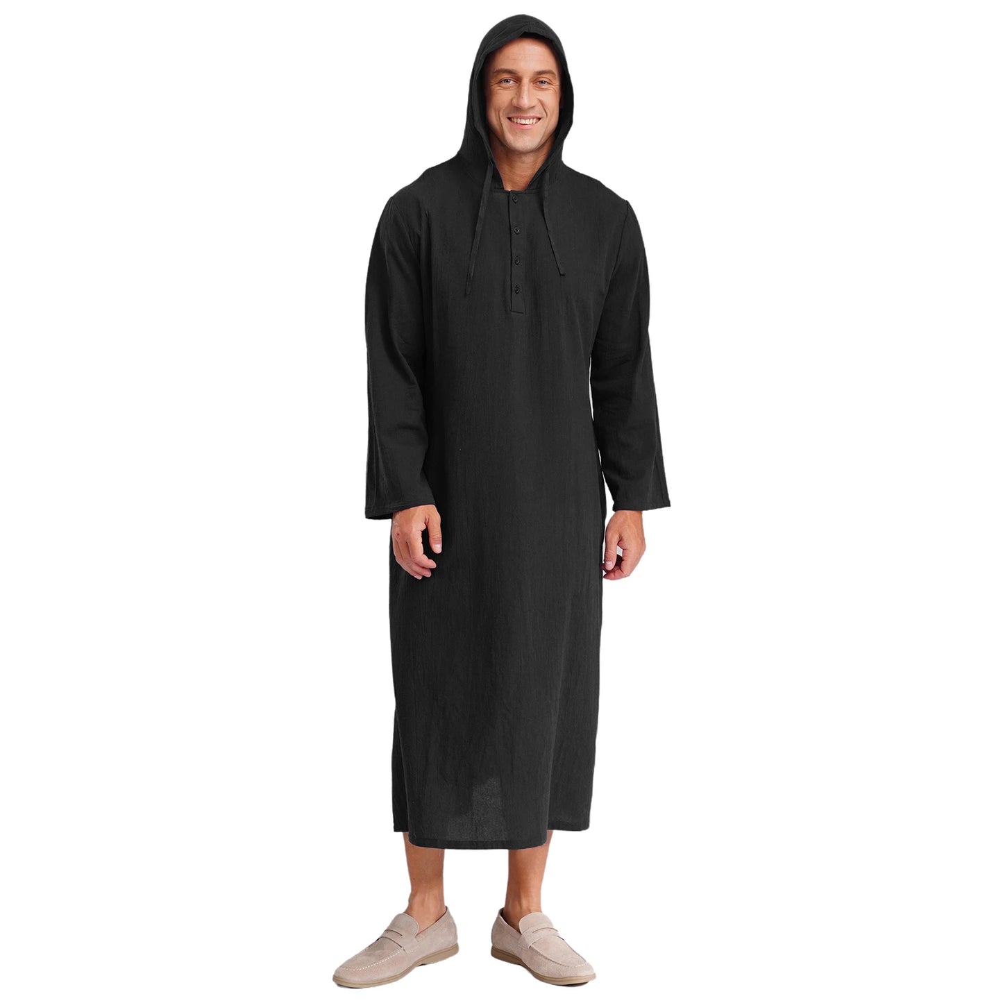 Mens Jubba Thobes Linen Muslim Robe Hooded with Pockets Middle East Islam Arabic Moroccan Kaftan Eid Prayer Long Robe Dress