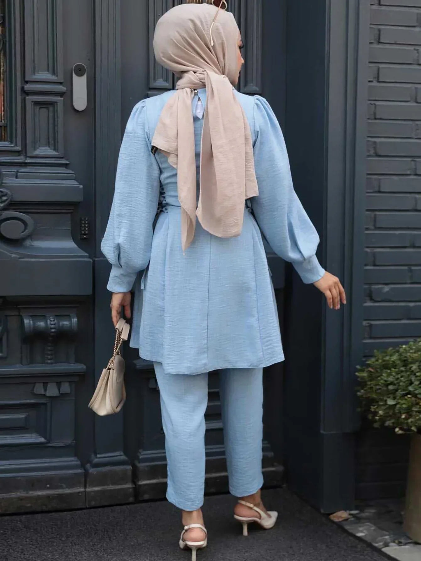 Muslim Women 2 Piece Set Women Lace Up Long Top Shirt Straight Pants Suit Ramadan Morocco Dubai  Ensemble Trousers Arabic Outfit