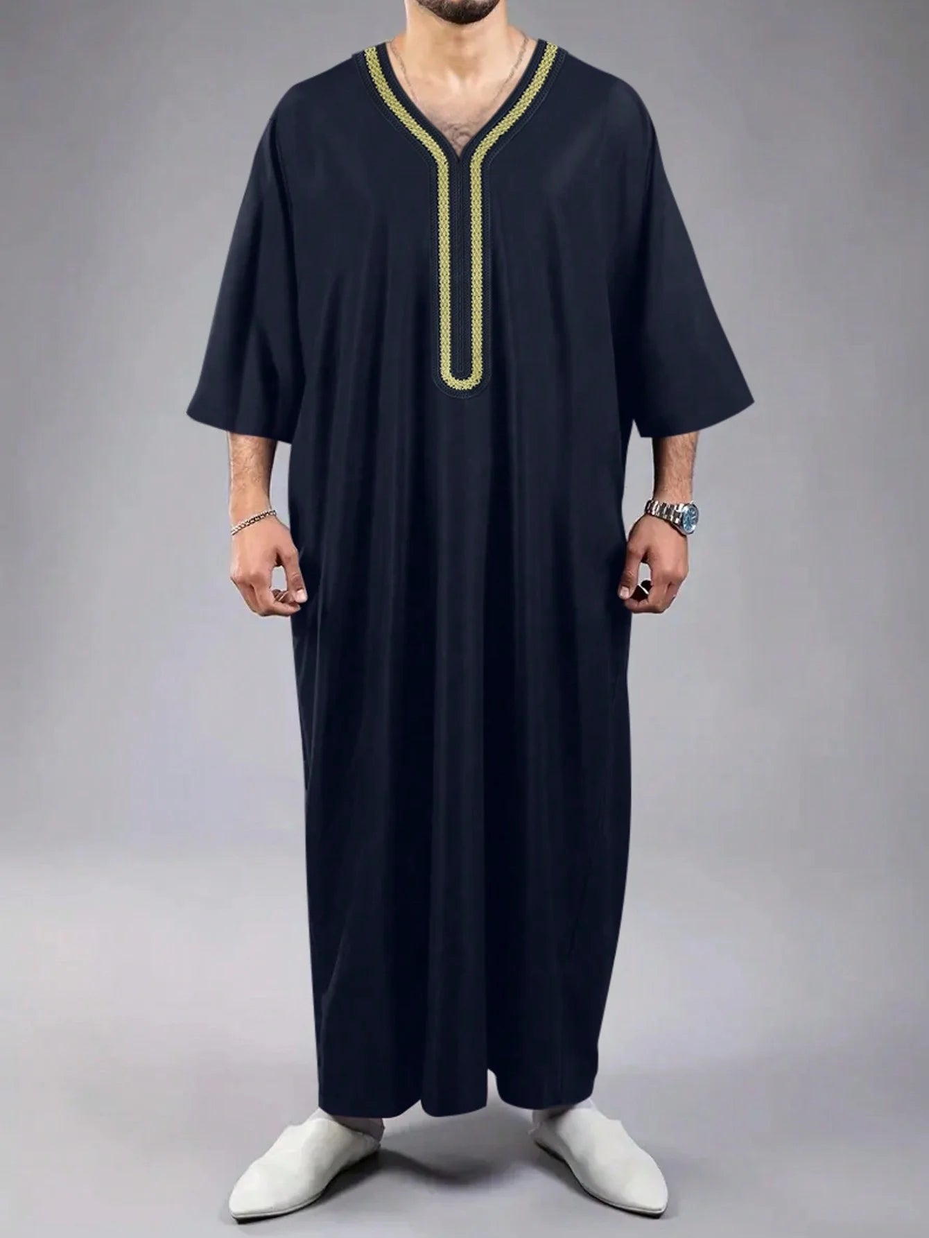 Men's Short Sleeve Kandoura Gandoura with Side Pocket 2025 Embroidered Muslim Casual Robe Classical Jubba Kaftan Dress