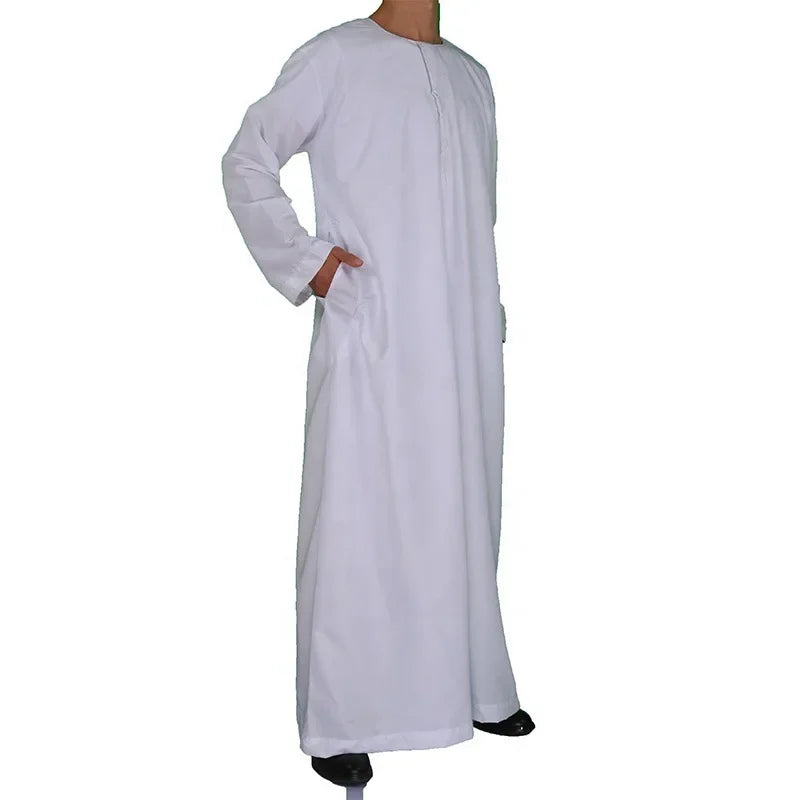 2024 Men's New Muslim Abaya Casual Middle Eastern Round Neck Robe + White Headscarf + Headband Islamic Robe Clothing