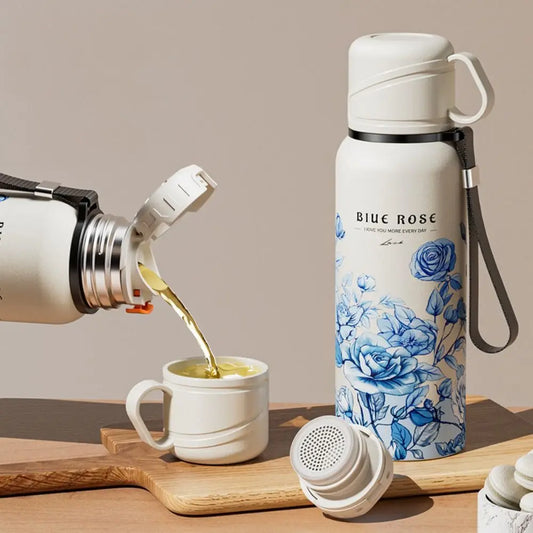 620ml Flower Pattern Thermos Bottle with Filter Stainless Steel Travel Mug Large-capacity Double Wall Thermal Cup Travel