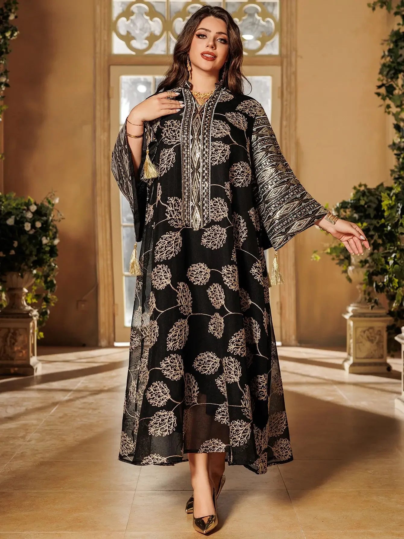 Elegant Light Green Abaya for Islamic Ladies Intricate Gold Embroidery and Tassel Accents Perfect for Festivities in Middle East