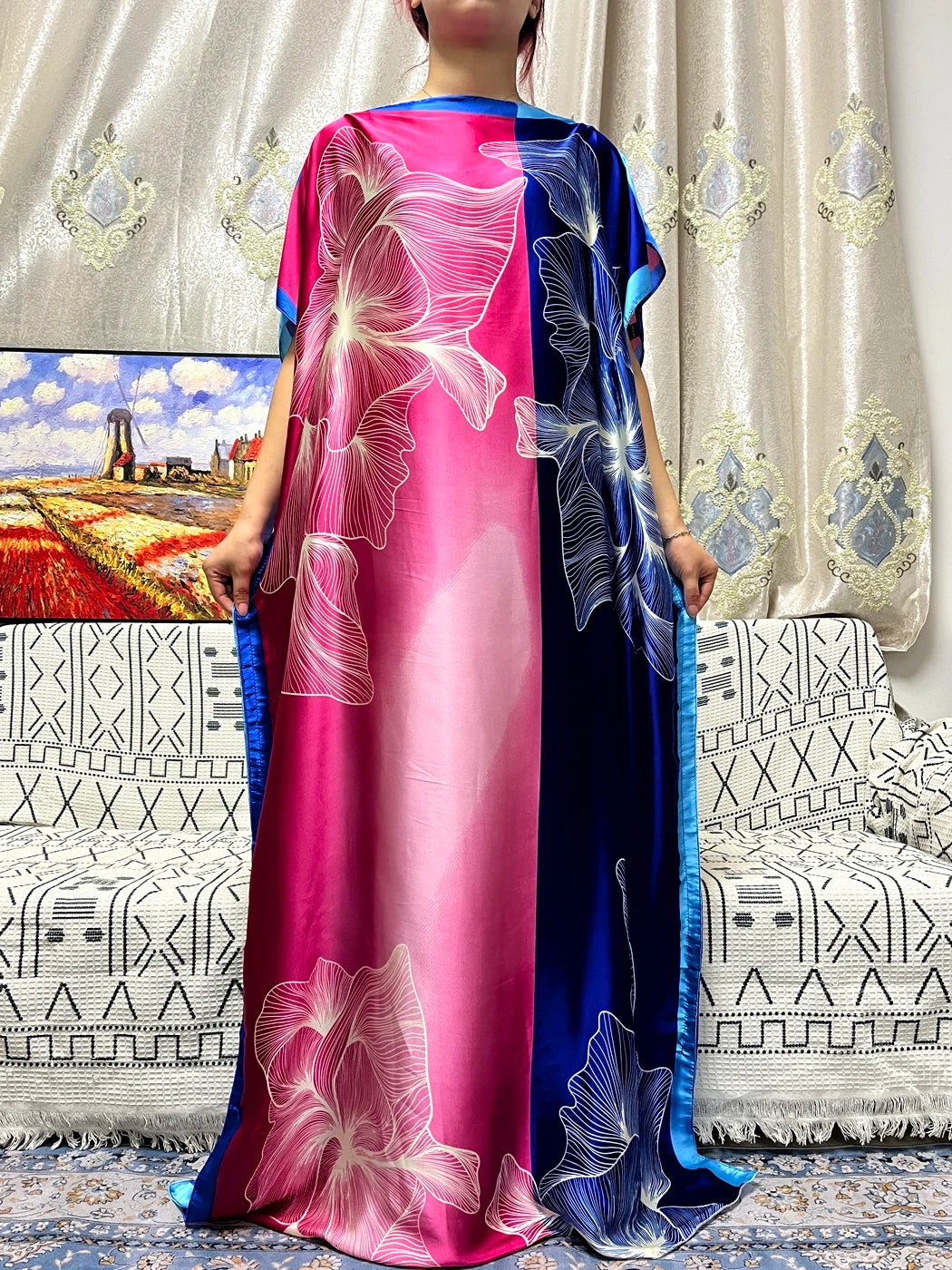 Abayas For Women 2023 Printed Silk Soft Loose Femme Robe Muslim Summer Fashion Clothing African Islam Woman Dresses With Turban