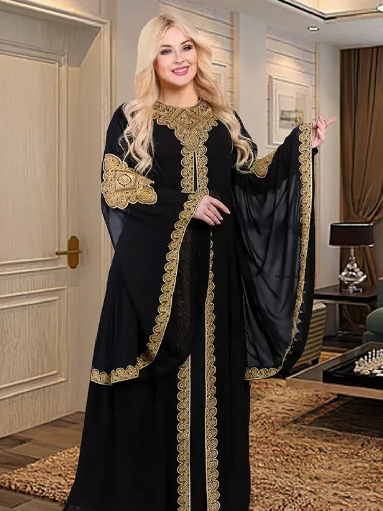 Women Abaya Party Dresses Muslim Caftan 2 Piece Set Eid Flare Sleeves Robe Embroidered Gold Lace Dress Suit Jalabiya Ramadan