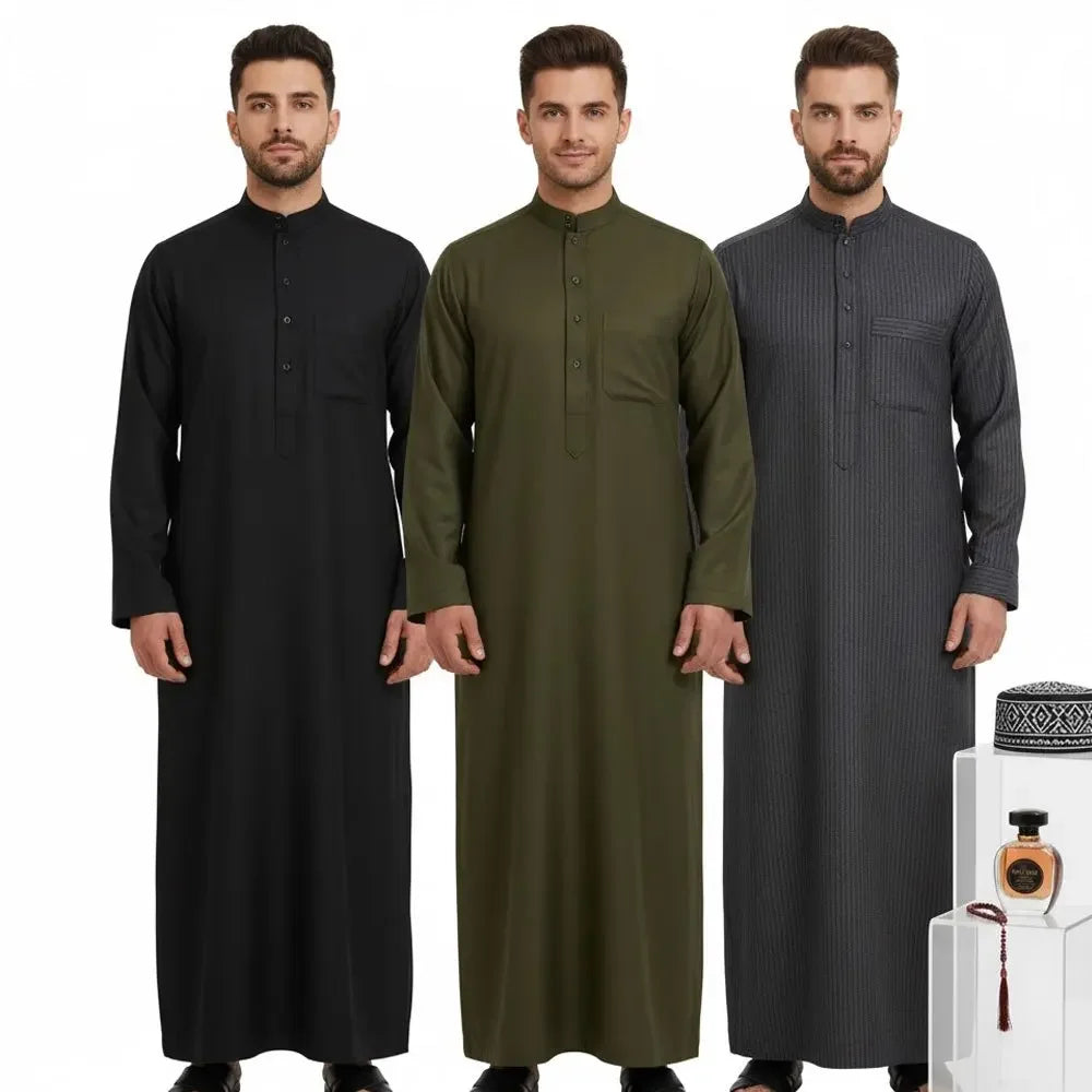 Muslim Robe for Men Loose Silhouette Stand Collar & Crew Neck, Classic Arabic Middle Eastern Traditional Clothing for Daily Wear