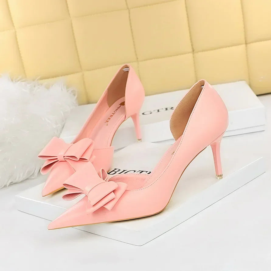 2025 Fashion Delicate Sweet Bowknot High Heel Shoes Side Hollow Pointed Women Pumps Pointed Toe 10.5CM thin Dress Shoes