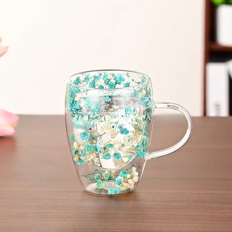 350ml Double Wall Espresso Coffee Cup Handle Flower Pattern Creative Transparent Hot Iced Beverage Beer Whisky Wine Glass Mug