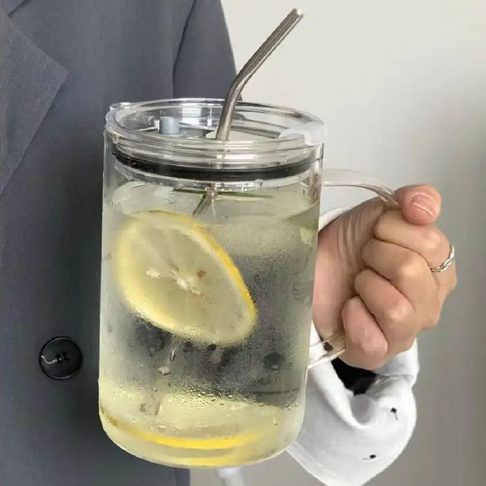 32 Oz Large Capacity Glass with Lid and Straw, Clear Drinking Glasses, Cute Milk Mugs, Coffee Mugs, Yogurt Mugs