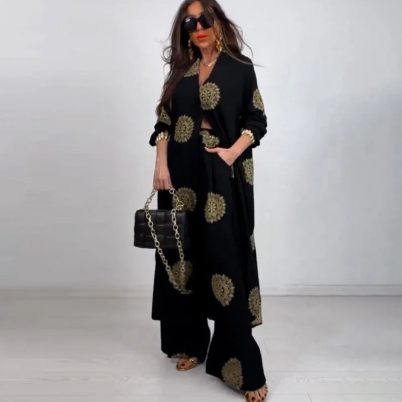 Long Coat 2 Piece Set Women Print Cardigan Wide Leg Pants Suit Ramadan Muslim Morocco Ensemble Dubai Islam Casual Arabic Outfits