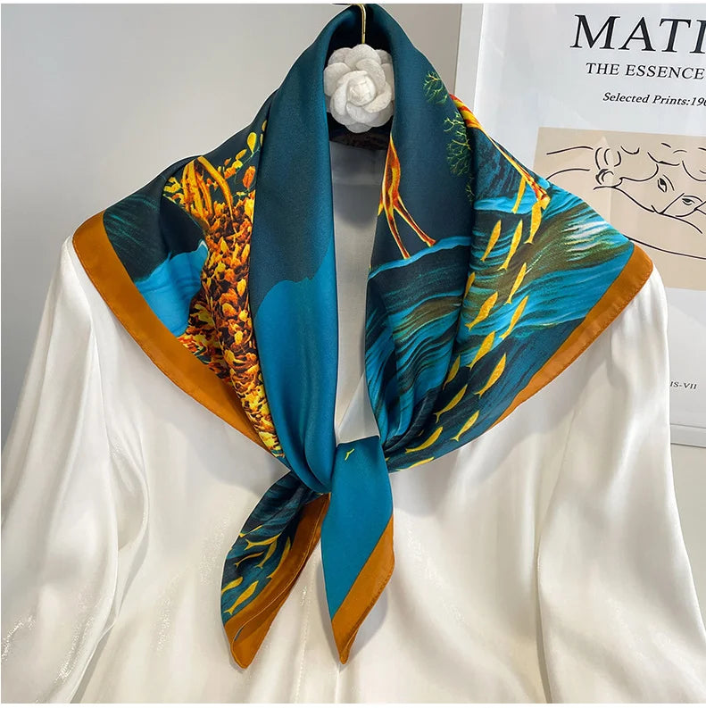 Handkerchiefs Hair Silk Scarf 70*70cm Print Satin Big Square Silk Scarves Shawls For Women Luxury Brand Designer Hijab Headband