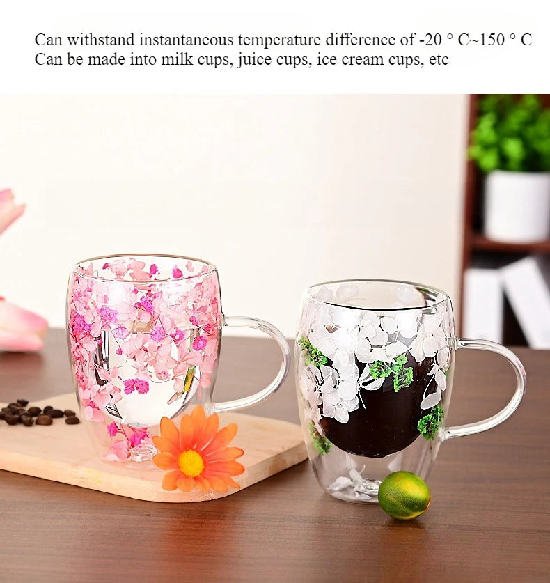 350ml Double Wall Espresso Coffee Cup Handle Flower Pattern Creative Transparent Hot Iced Beverage Beer Whisky Wine Glass Mug