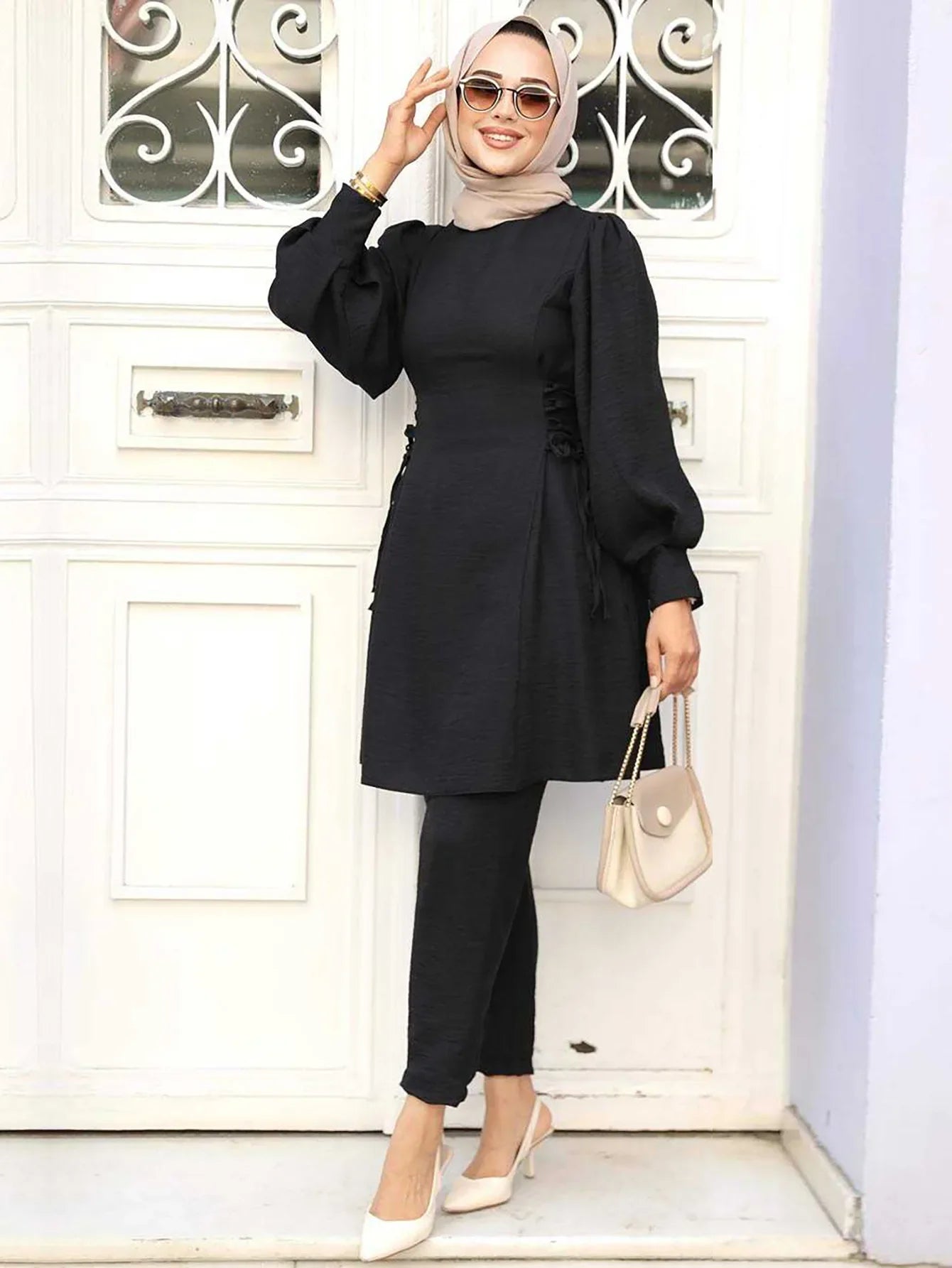 Muslim Women 2 Piece Set Women Lace Up Long Top Shirt Straight Pants Suit Ramadan Morocco Dubai  Ensemble Trousers Arabic Outfit