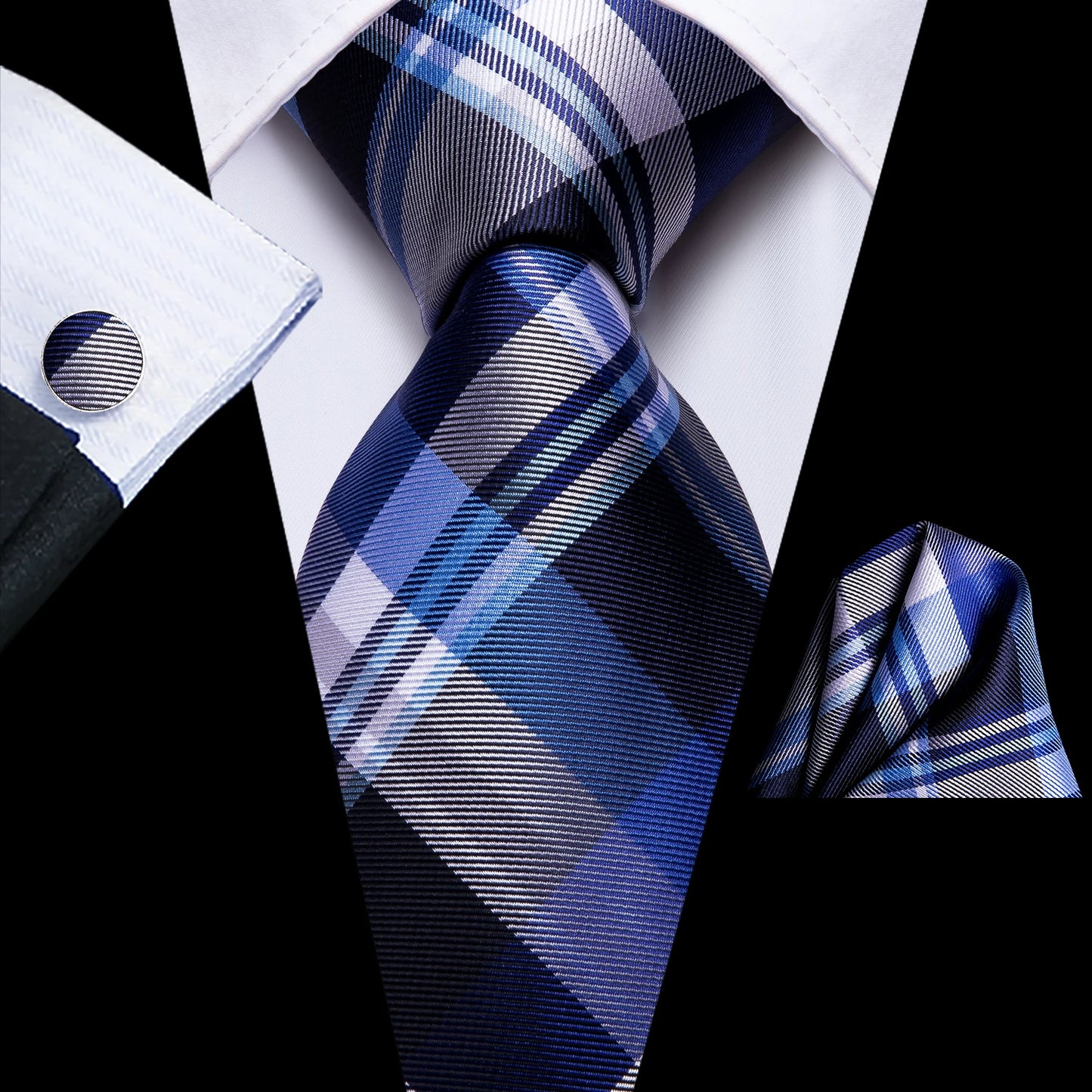 Hi-Tie Fashion 8.5cm Black Plaid Dots Men's Elegant Tie Handkerchief Cufflinks Set Wedding Party Accessories Gift for Men Gravat