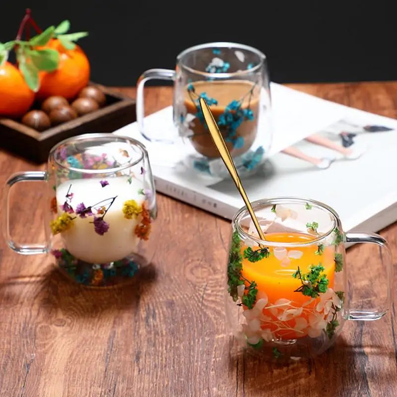 Coffee Mug Double Wall Dried Flower Cup for Coffee Glass Beverage Glasses Tea Mug for Tea Cappuccino Cold Drink flower glass